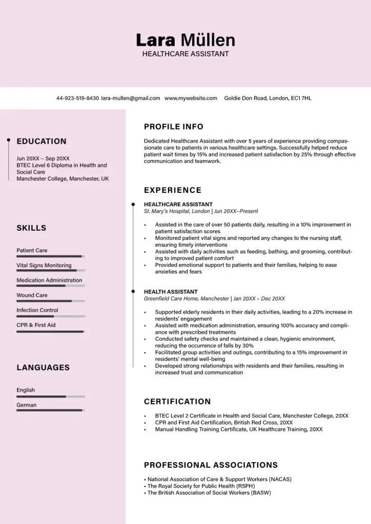 Healthcare Assistant -UK CV Format