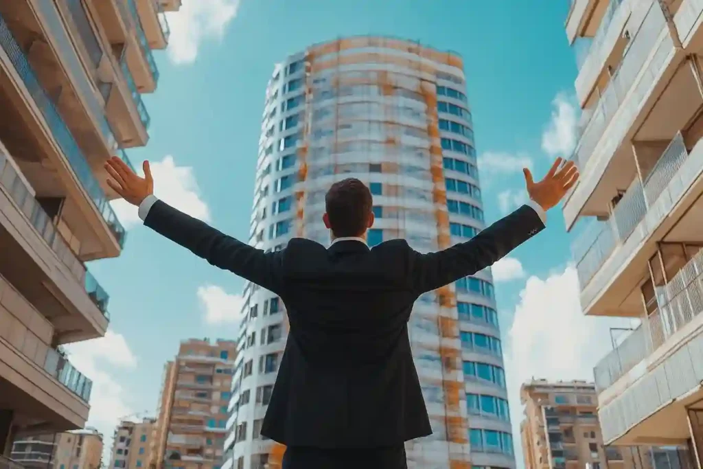 Image-of-a_businessman_in_a_suit_celebrating_success_standing_facing-high-rise-buildings