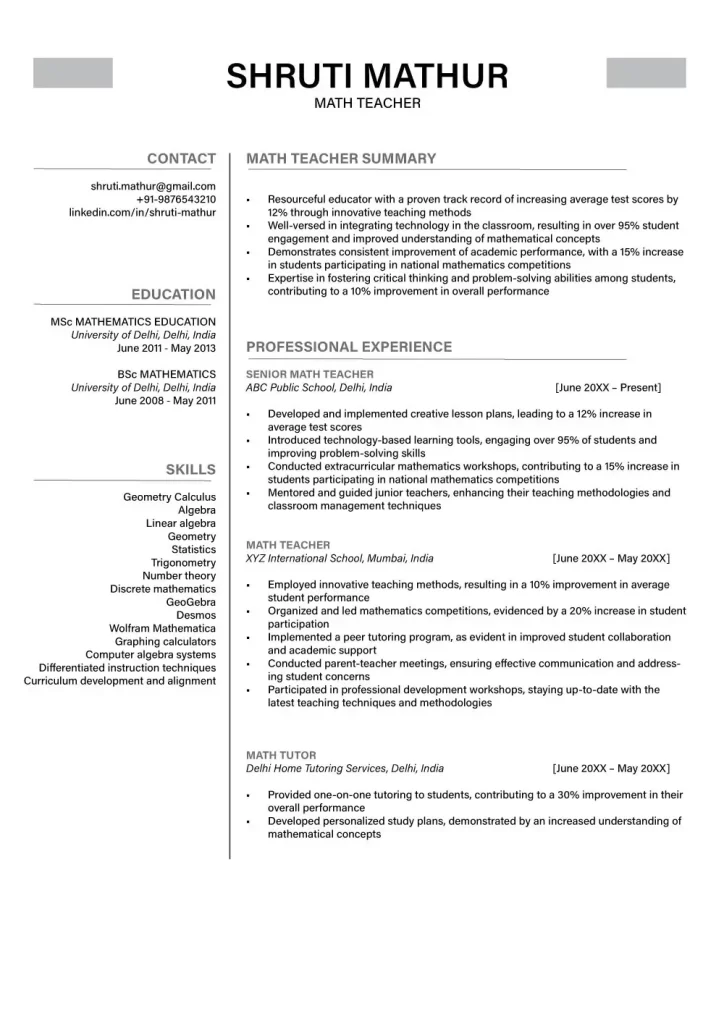 MATH TEACHER CV format page 1