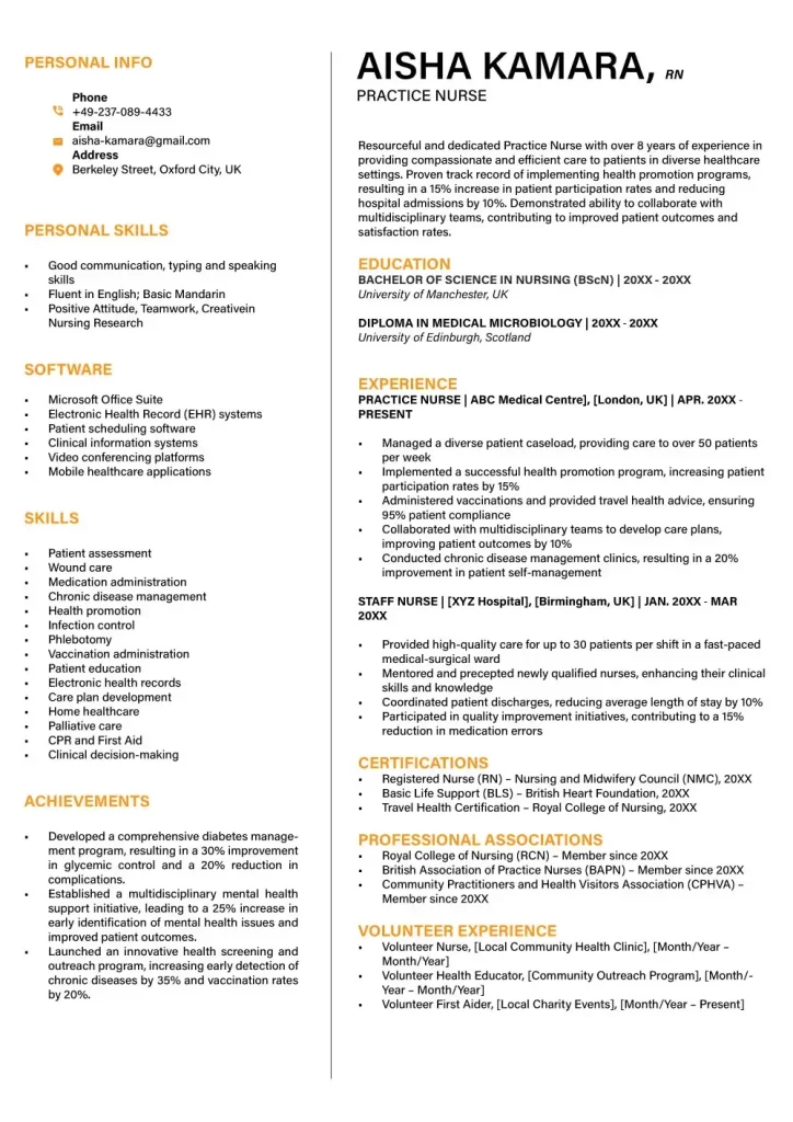 Practice Nurse UK CV Format