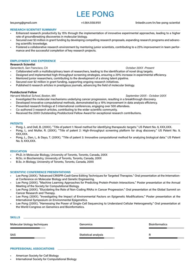 Research Focused Academic UK CV Format