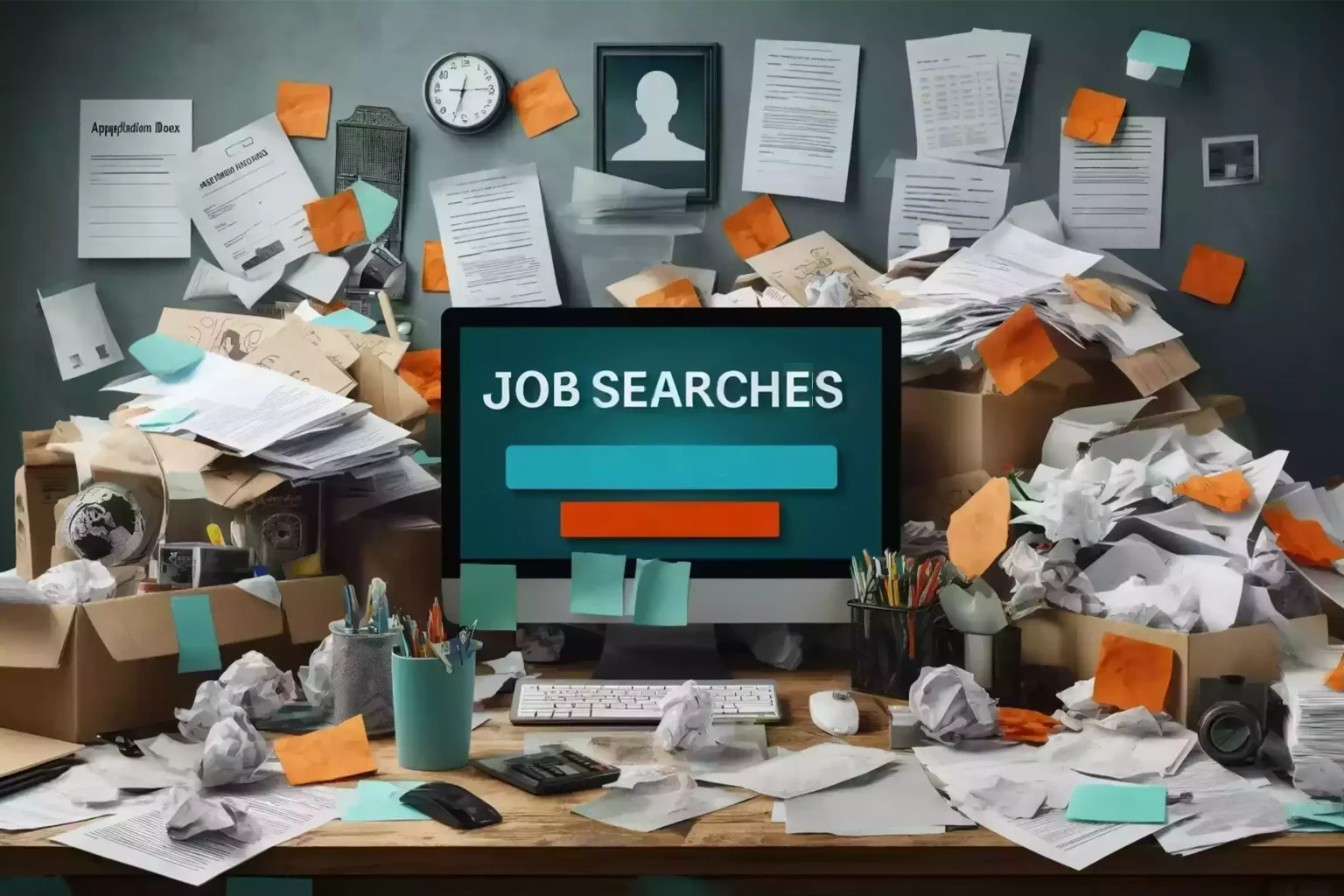 Cluttered workspace represents chaotic looking for a job