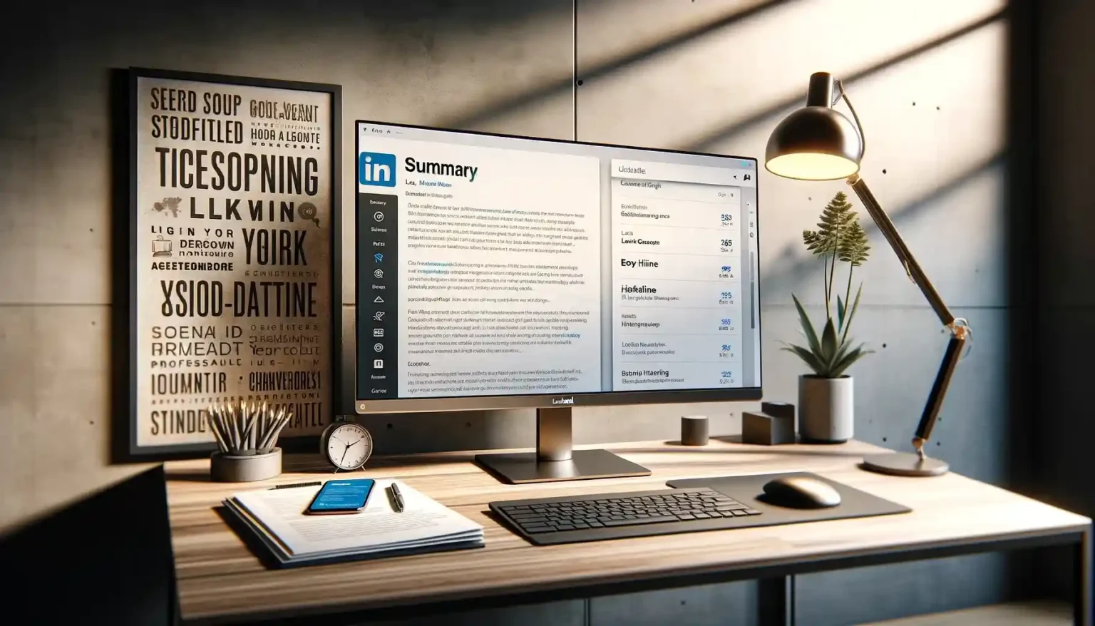 LinkedIn summary displayed on computer screen in office