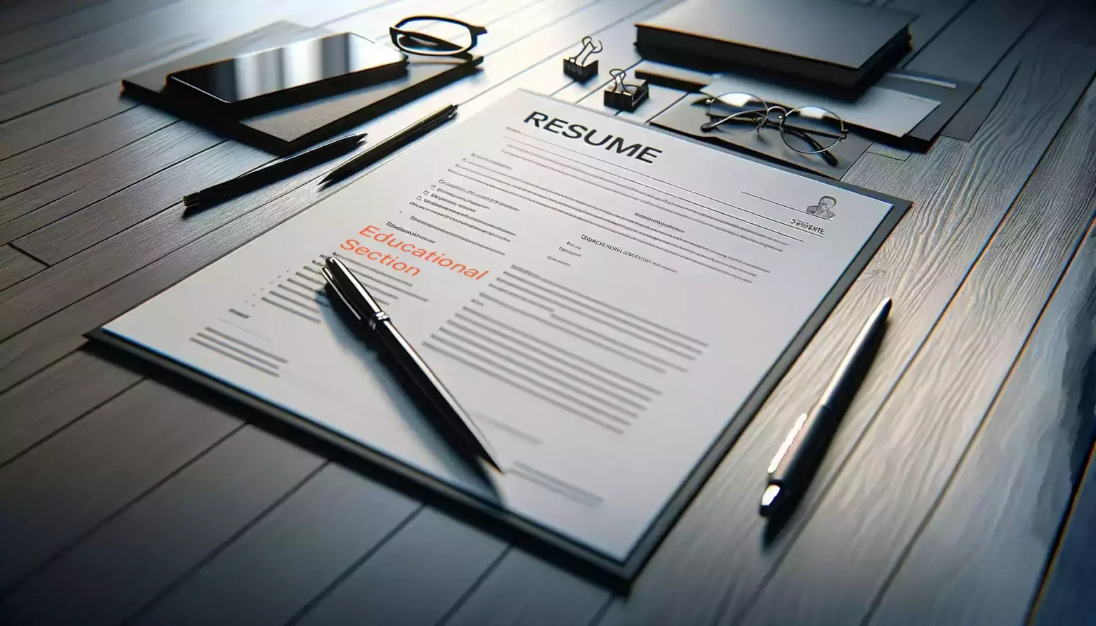 Resume education section highlighted with pen and accessories