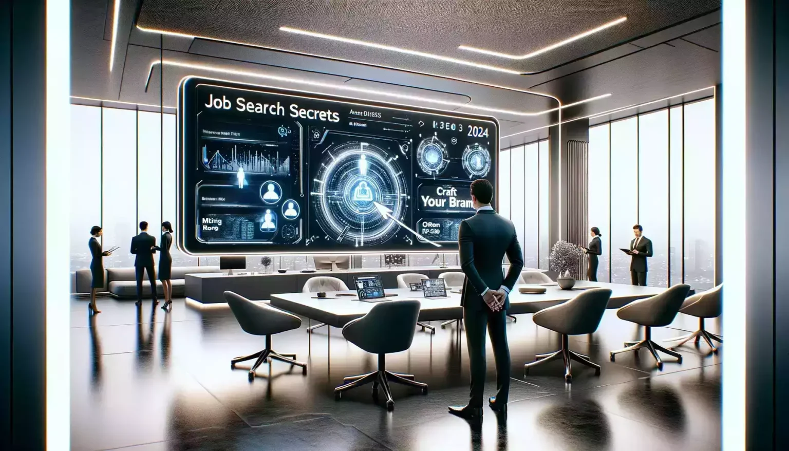 Businessman studies futuristic screen on job search secrets