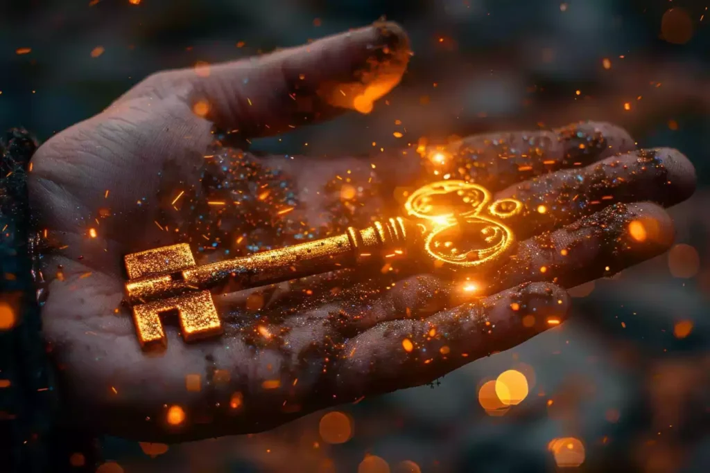 Hand holding glowing key symbolizing key achievements examples