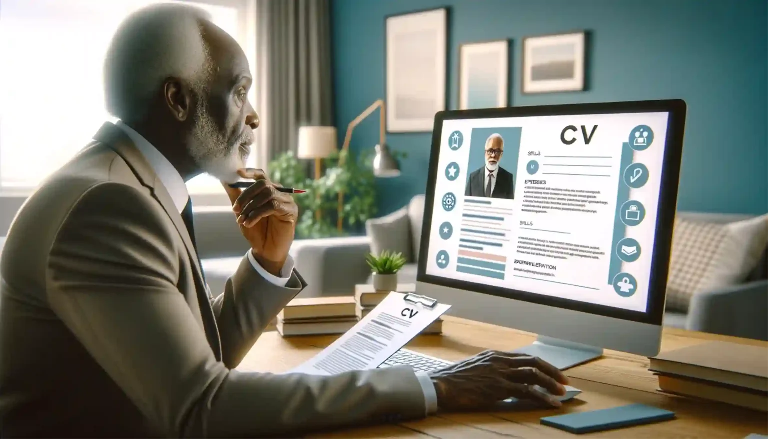 Write a CV on desktop computer, professional setting