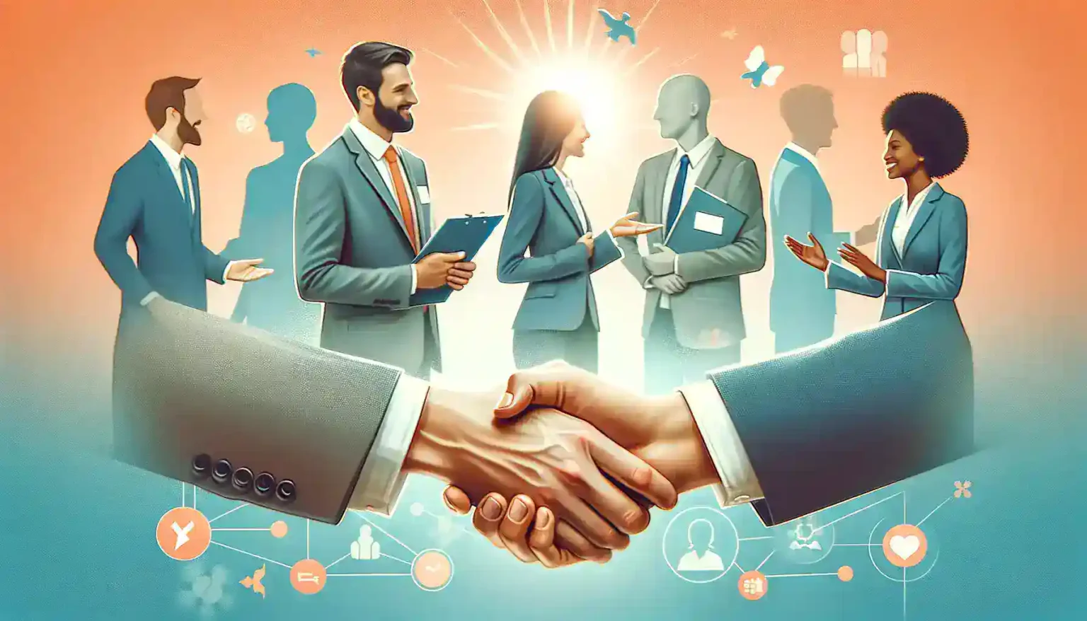 Business team engaging with confident interpersonal skills exchange