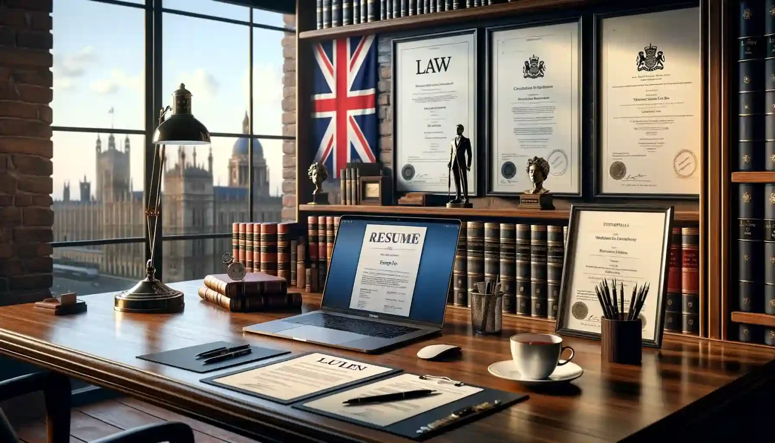 British law-themed workspace explaining how to become a paralegal UK