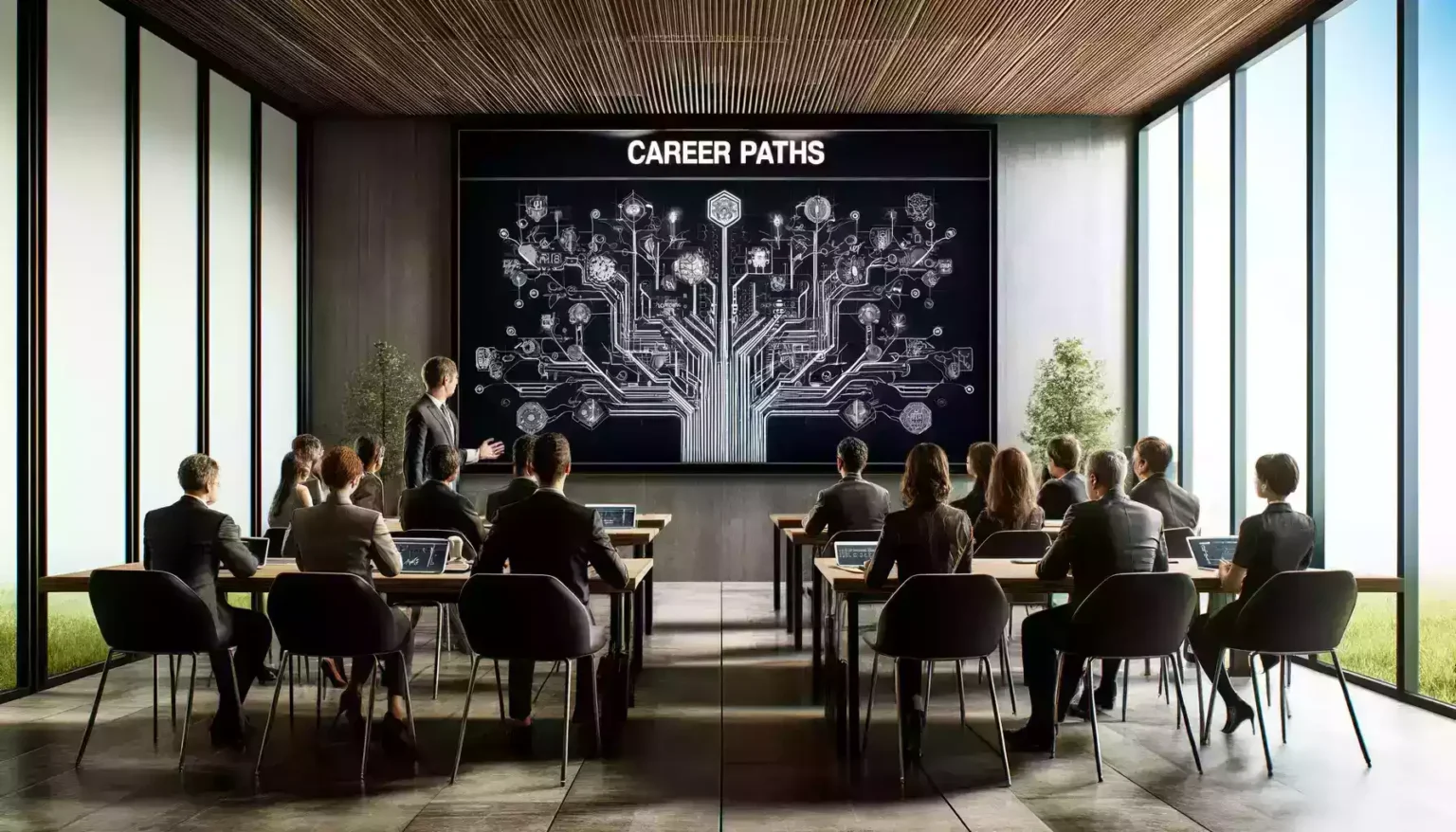 A male teacher explaining a career path lesson