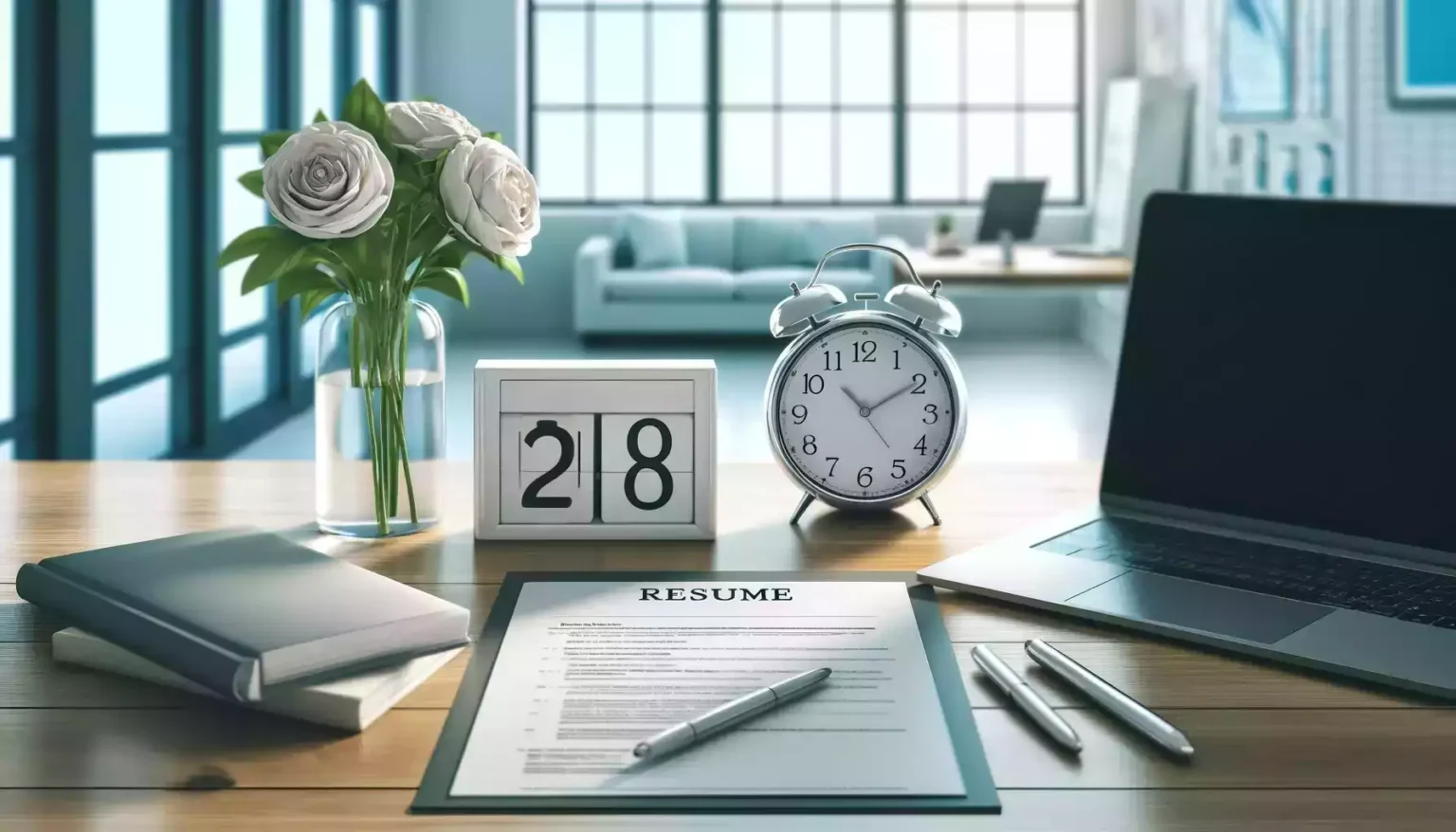 Resume builder workspace with clock, flowers, and laptop