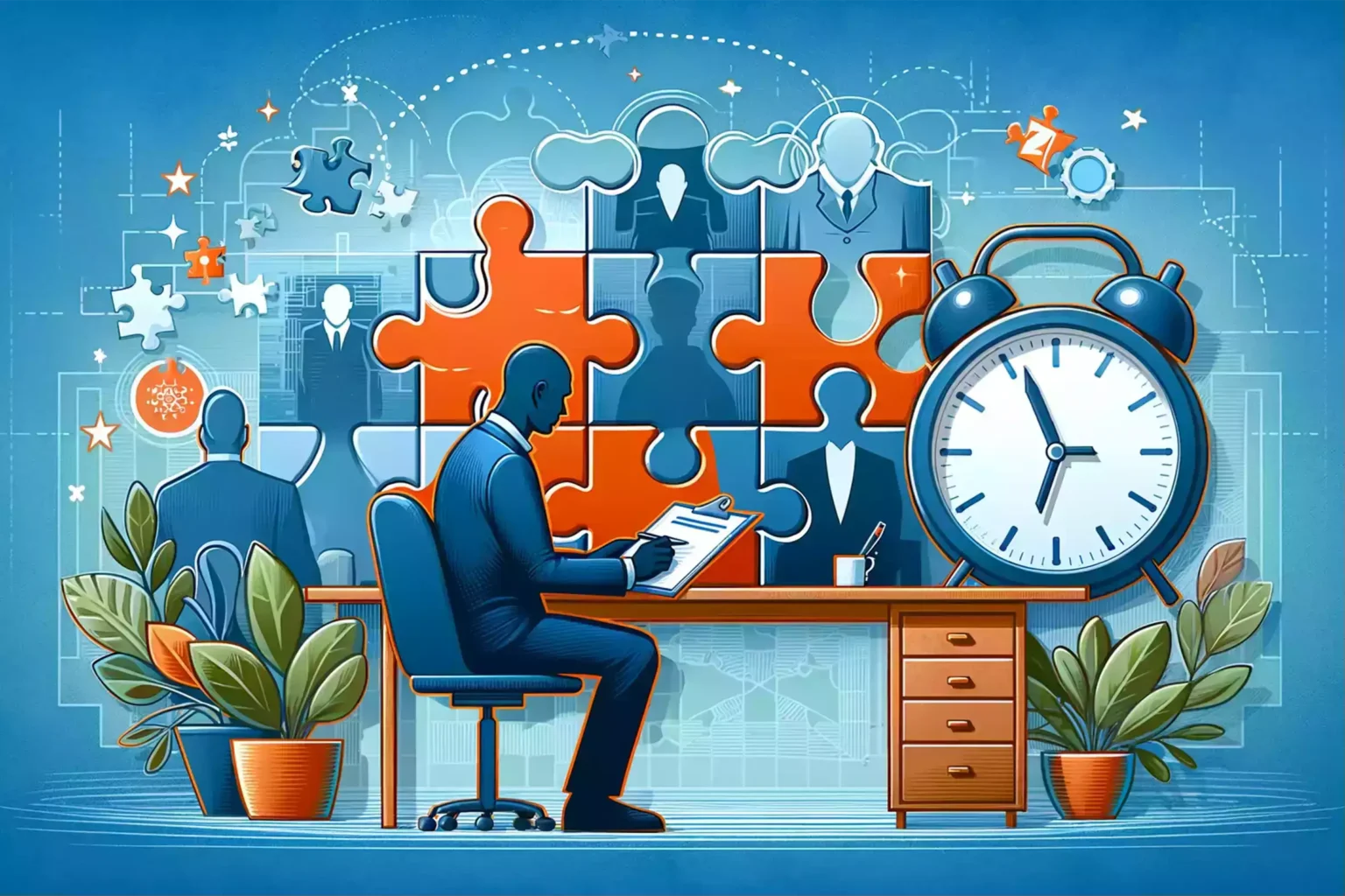Office worker applying problem-solving techniques with puzzle pieces