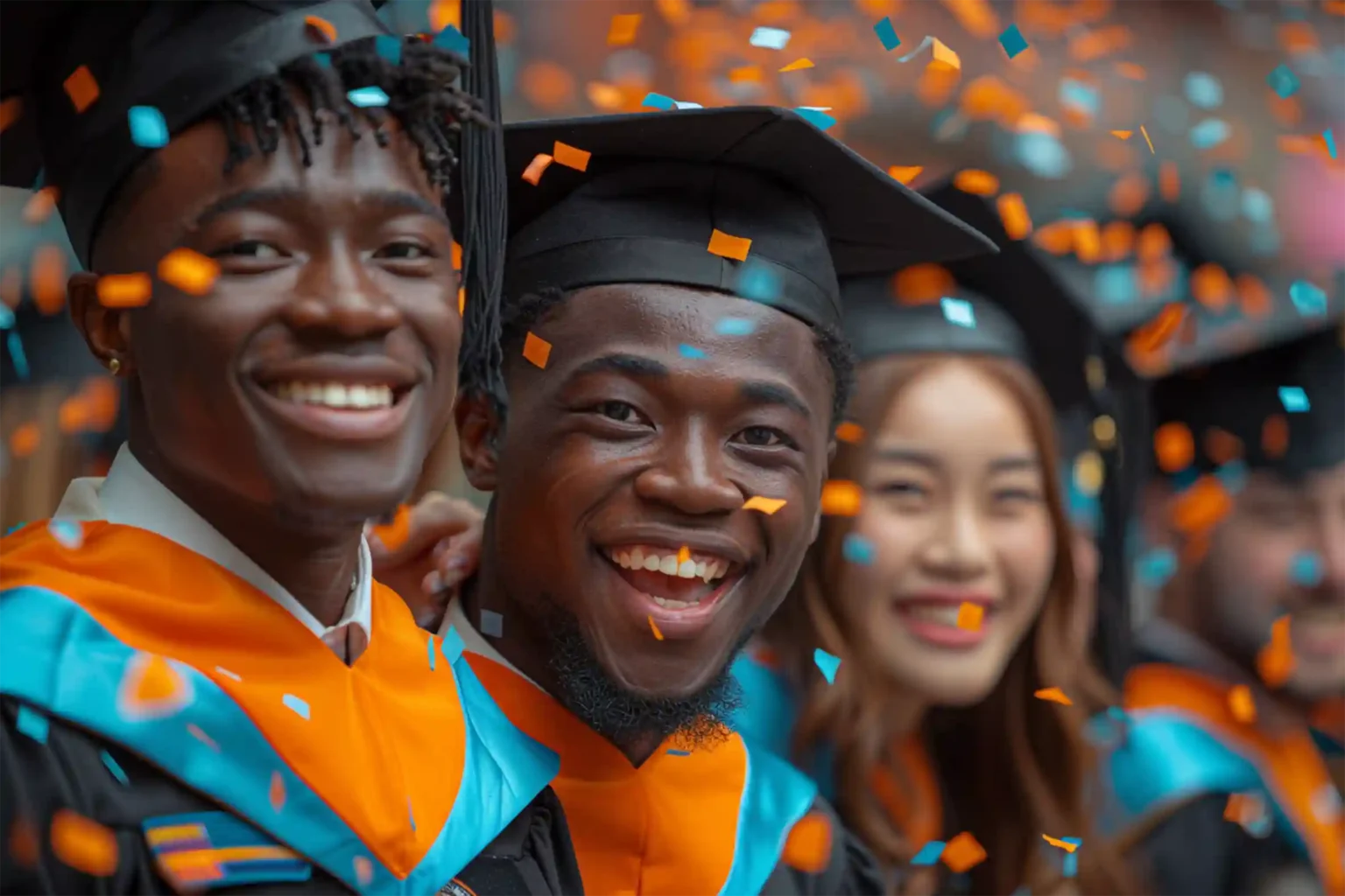 Jubilant first-class students in graduation gowns