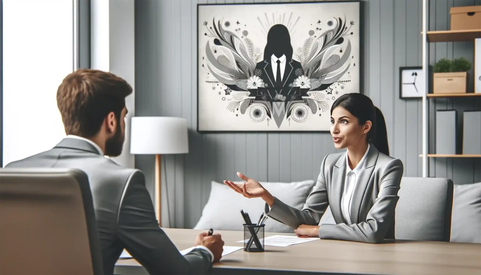 Hiring managers discussing resumes in modern office