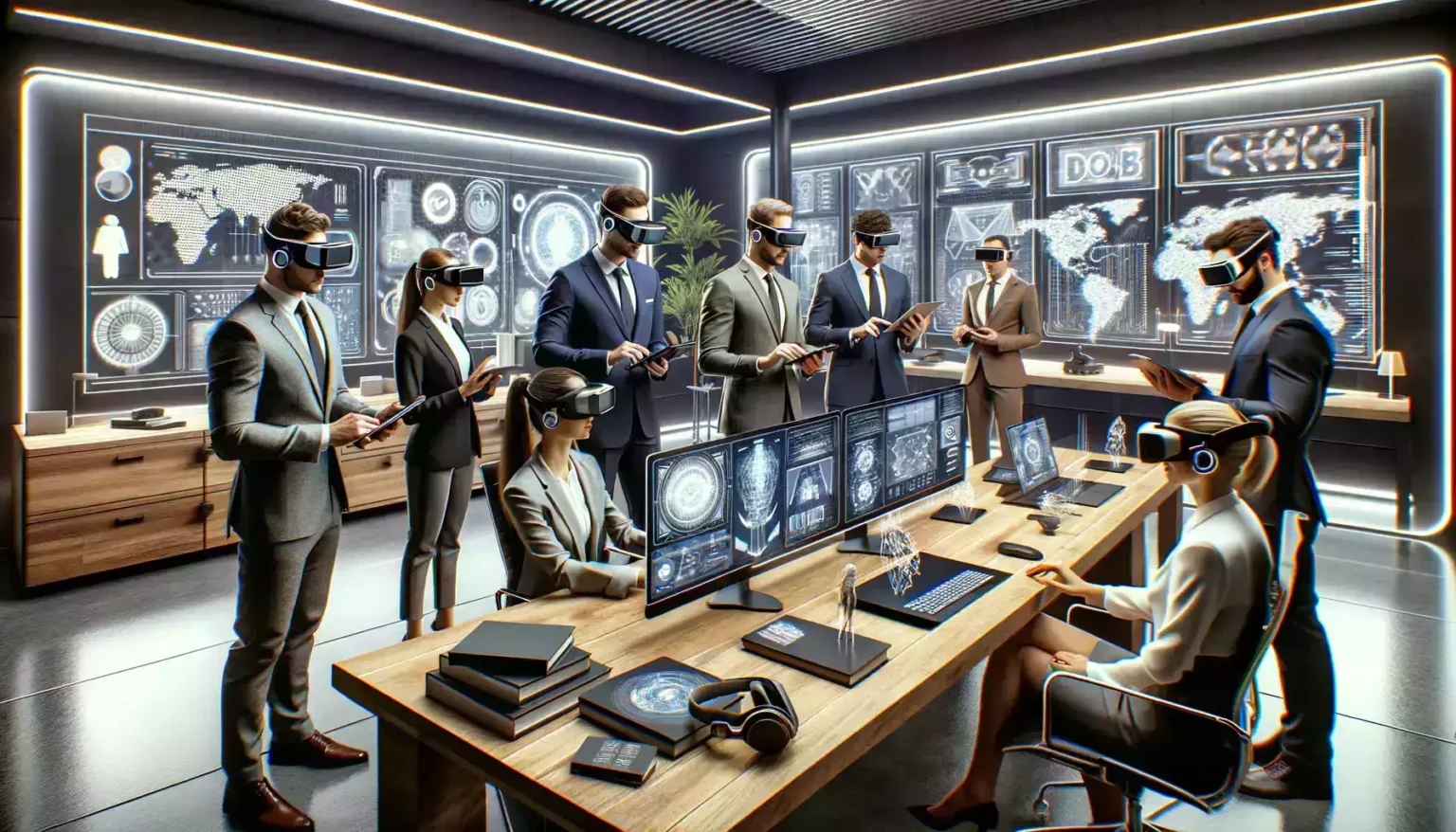 Business team practices problem-solving through immersive tech