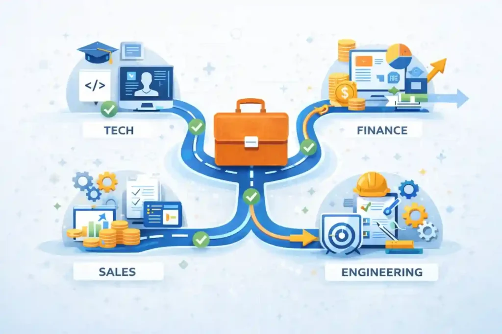 Career paths in high demand jobs from an orange briefcase