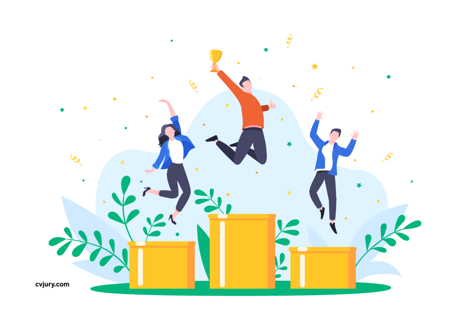 Three cartoon characters jubilating