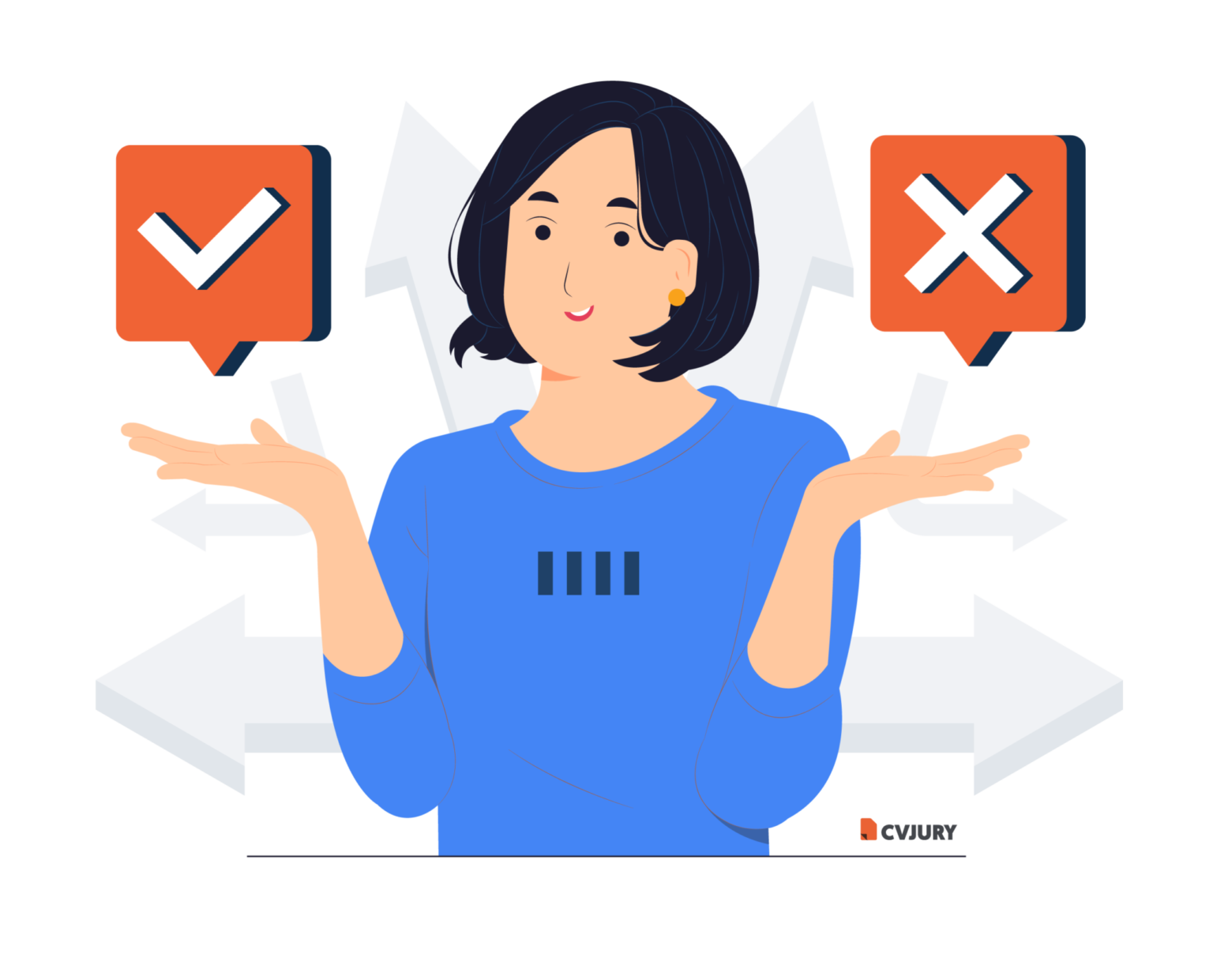 A cartoon character lady holding a tick and and an x