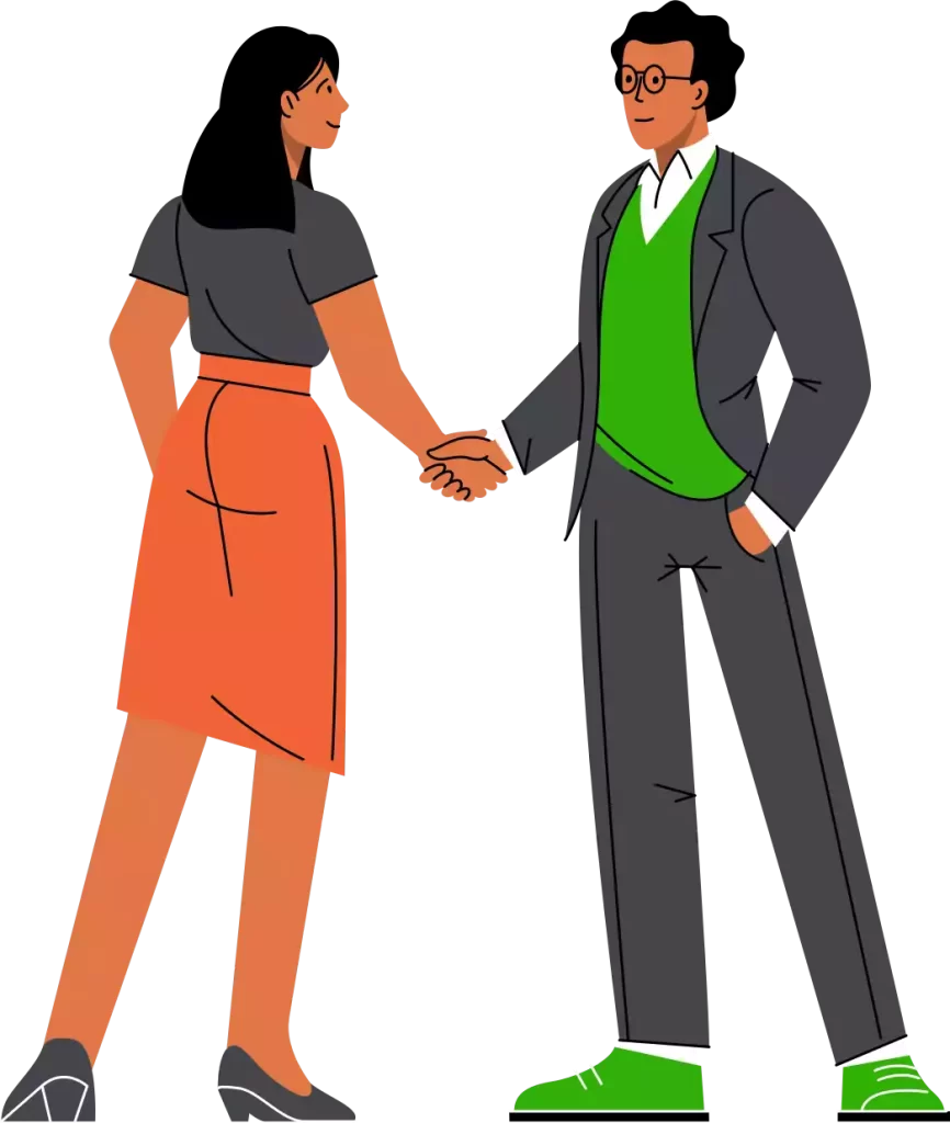 A male and fa emale cartoon character shaking hand - they look likable