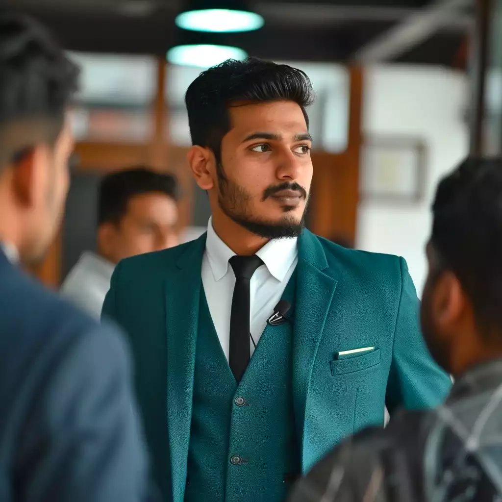 A young Indian manager in teal suit