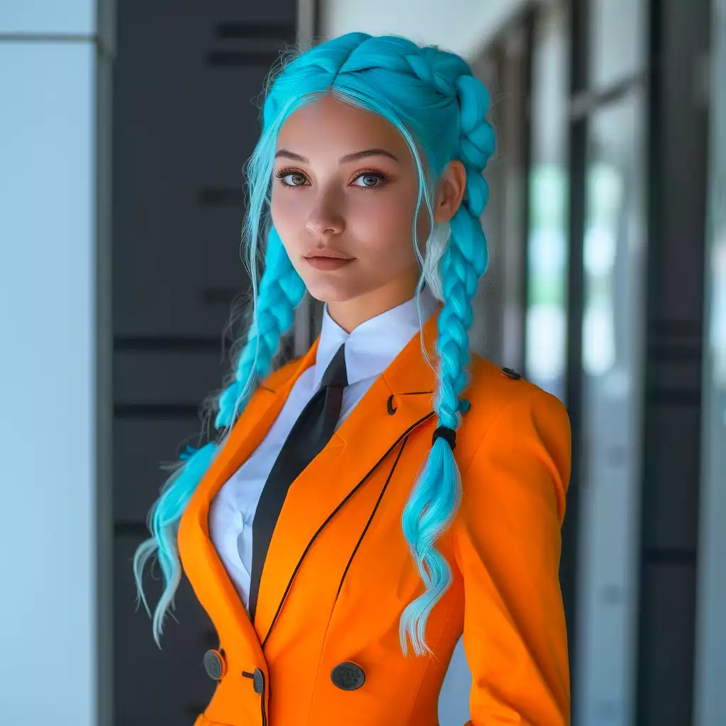 A young white lady in orange suit and green long hair