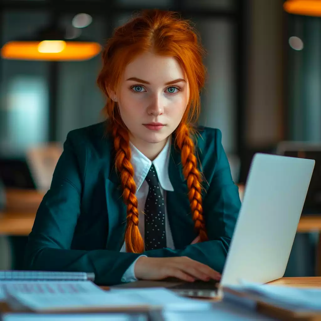 A young white lady in deep green suit using her laptop