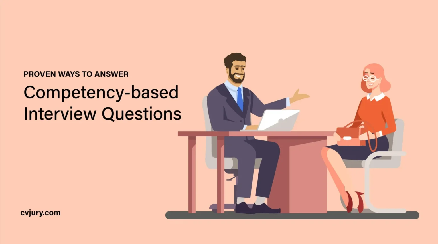 Male and female cartoon characters sitting in an office - competency based job interview questions