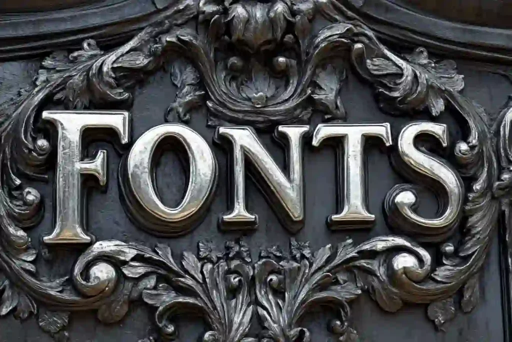 Image of the_letters_FONTS_cast_in_ornate_silver_metal