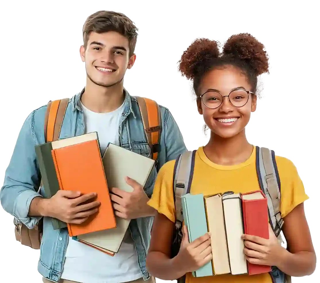 2 smiling students holding big books