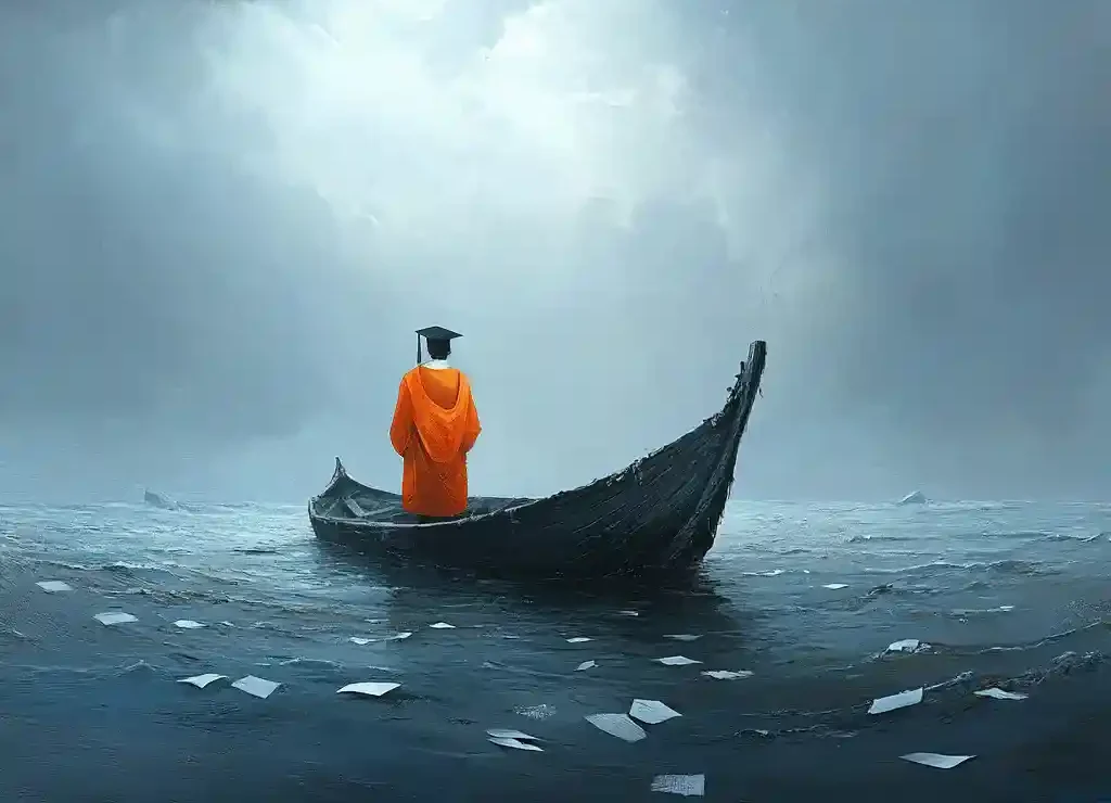 A graduate wearing orange looking dejected in stormy sea