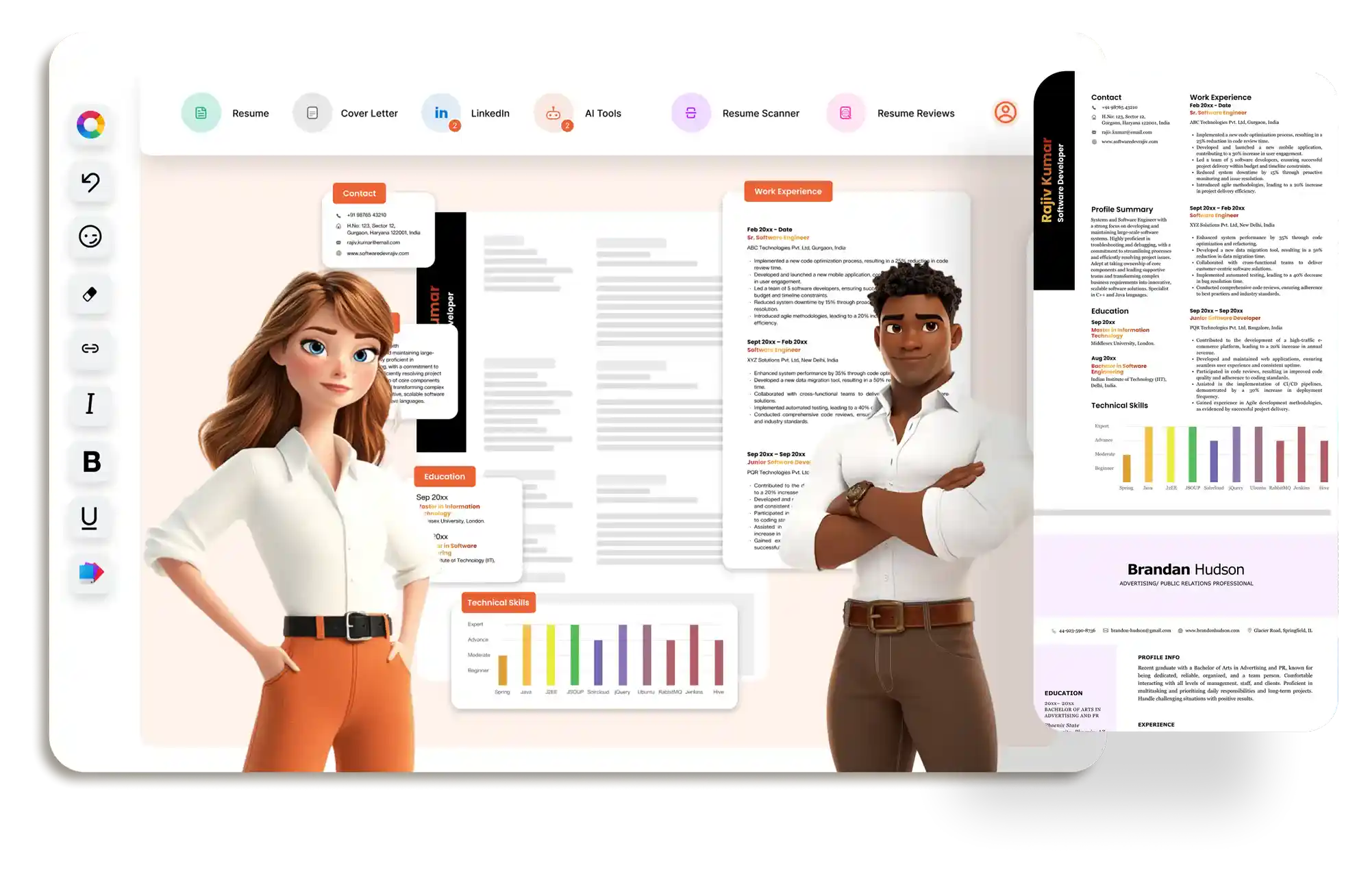 Image of male and female cartoons with resumes behind them - Online Resume Builder App