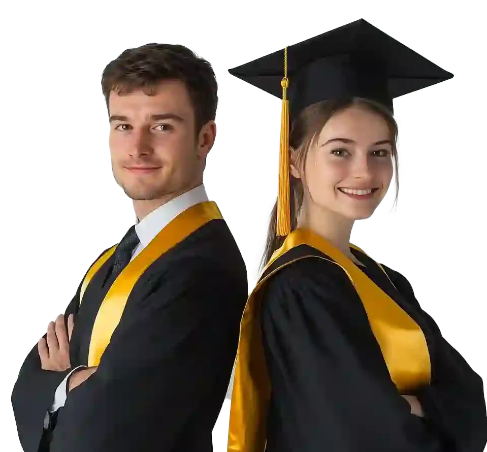 handsome male and female graduates backing each other