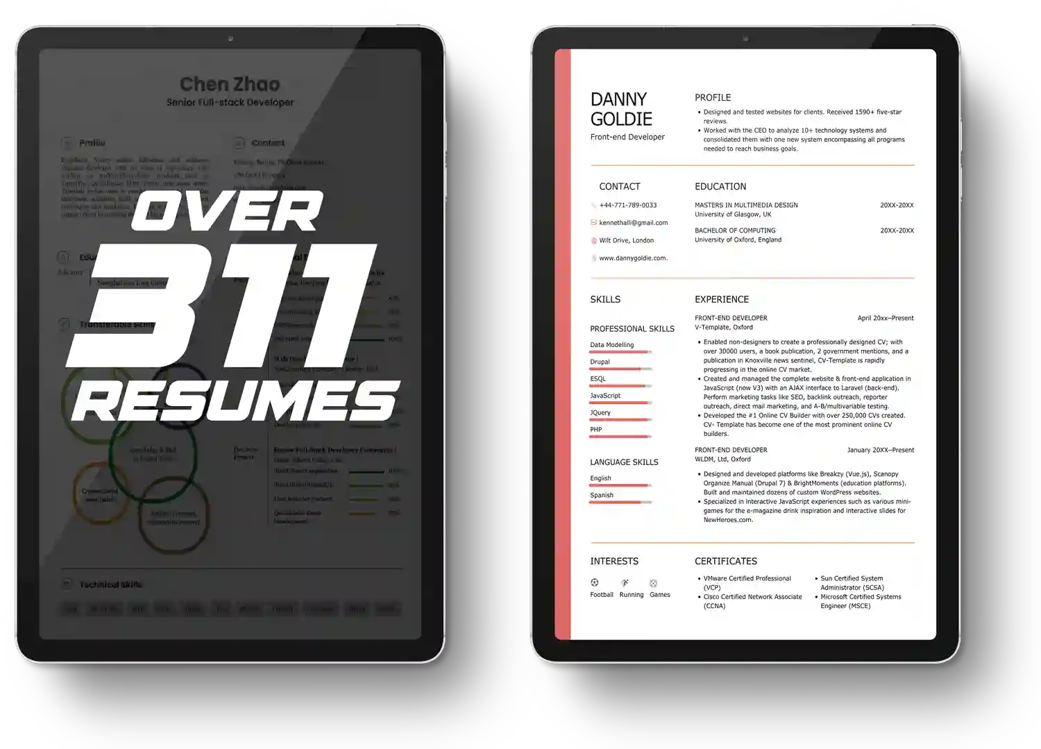 Image of a resume and the mockup with OVER 311 RESUMES words