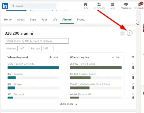 LinkedIn screenshot showing how to access search function using the arrow function