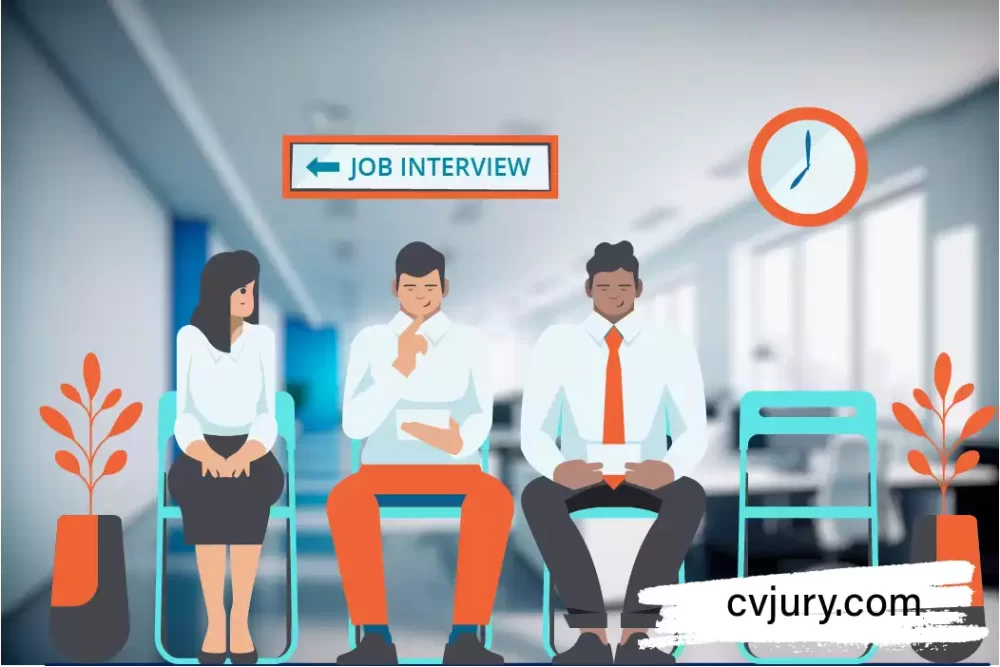 3 cartoon characters of 2 males and 1 female waiting for interview