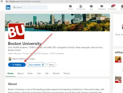 Boston University alumni page showing the 'Follow' button