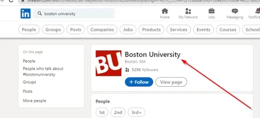 LinkedIn alumni page where to Search for Boston University