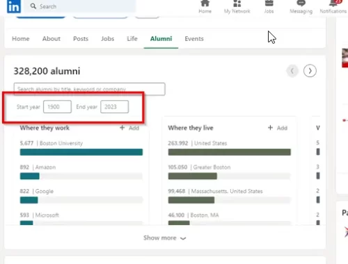 LinkedIn's alumni page showing network for different-school years