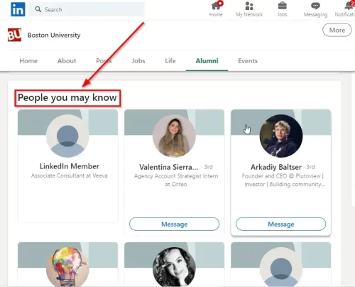 Boston University's alumni page showing 'People you may know' section