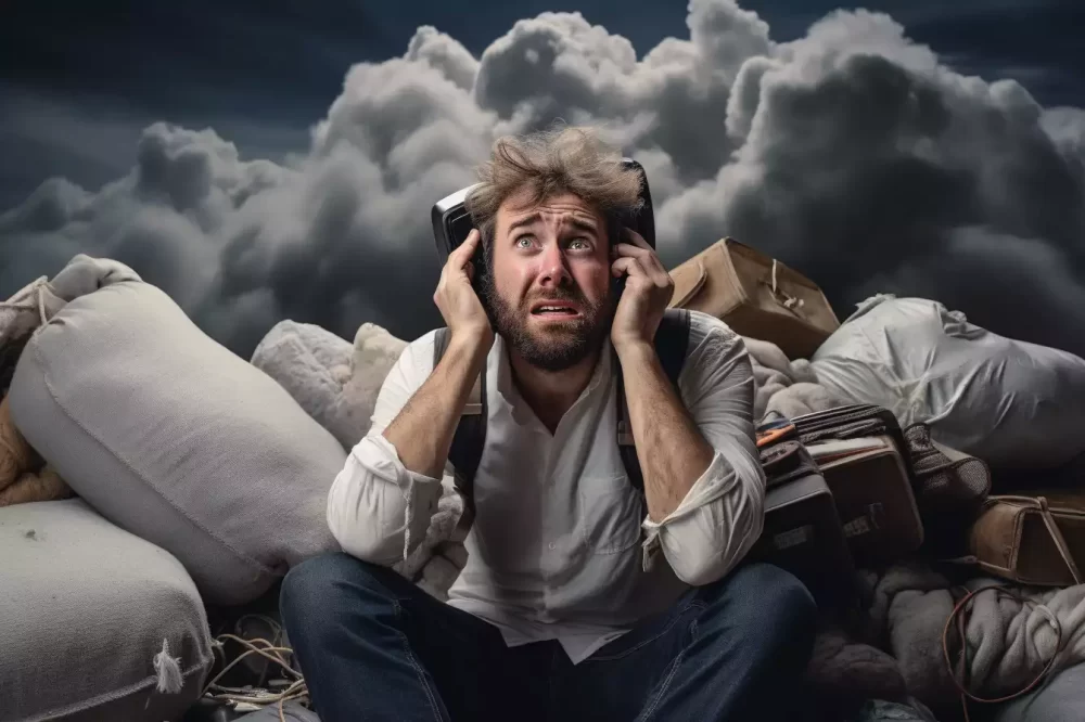 A dejected white man with heaps of rubbish behind him - Thinking about his greatest weakness