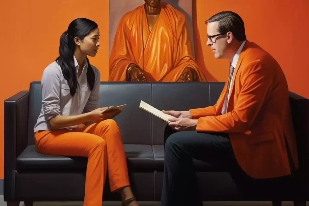 An Asian hiring manager on orange suit chatting with a job seeker