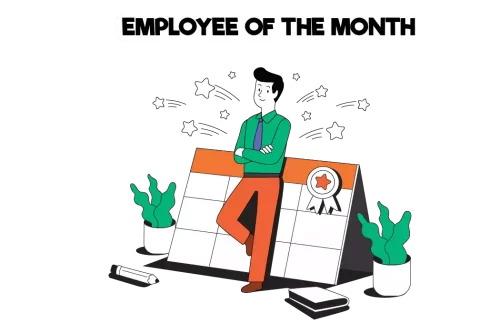 A male cartoon character standing and the insription, 'EMPLOYEE OF THE MONTHS' above his head