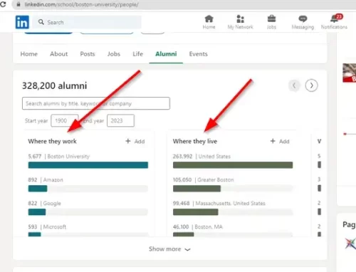 Boston University's alumni page showing 'where they work and where they live' sections